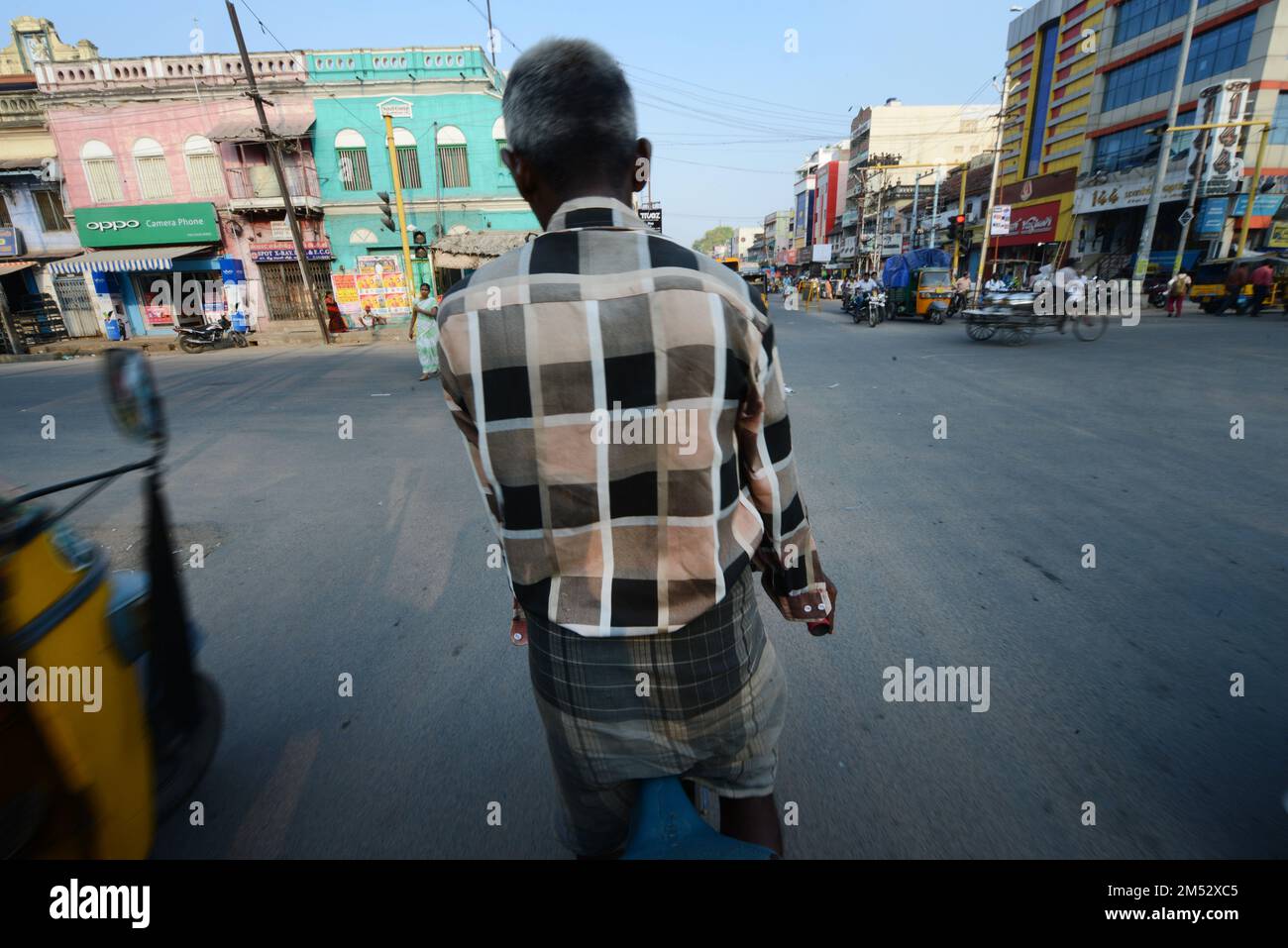 Reisen Sie auf einer Rikscha in Madurai, Tamil Nadu, Indien. Stockfoto