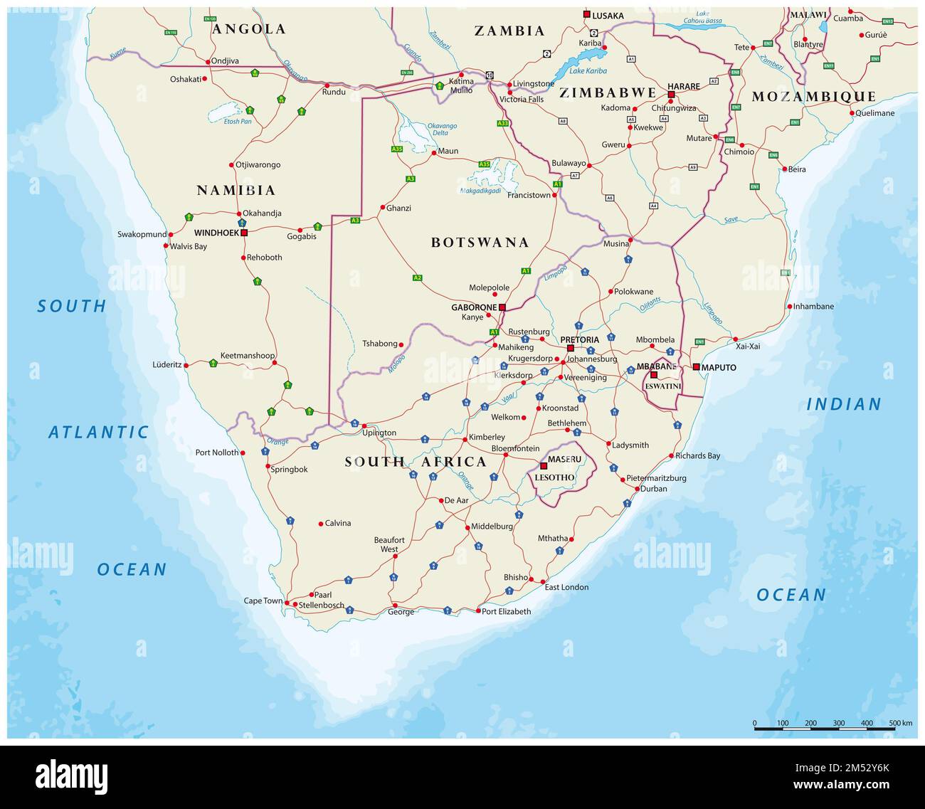 Roadmap der Staaten des südlichen Afrika Stockfoto