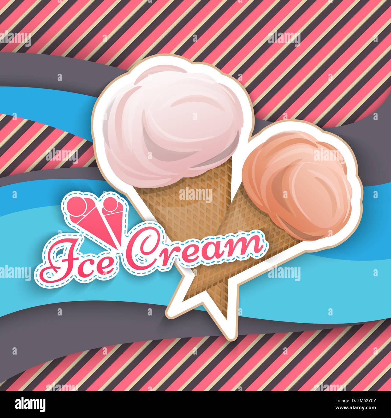 Eiscreme wird in einem Waffelbecher im Stil eines Cartoon-Logos für die Vector-Illustration Ihres Produkts isoliert. Etikett, Milch, köstliches Dessert Stock Vektor