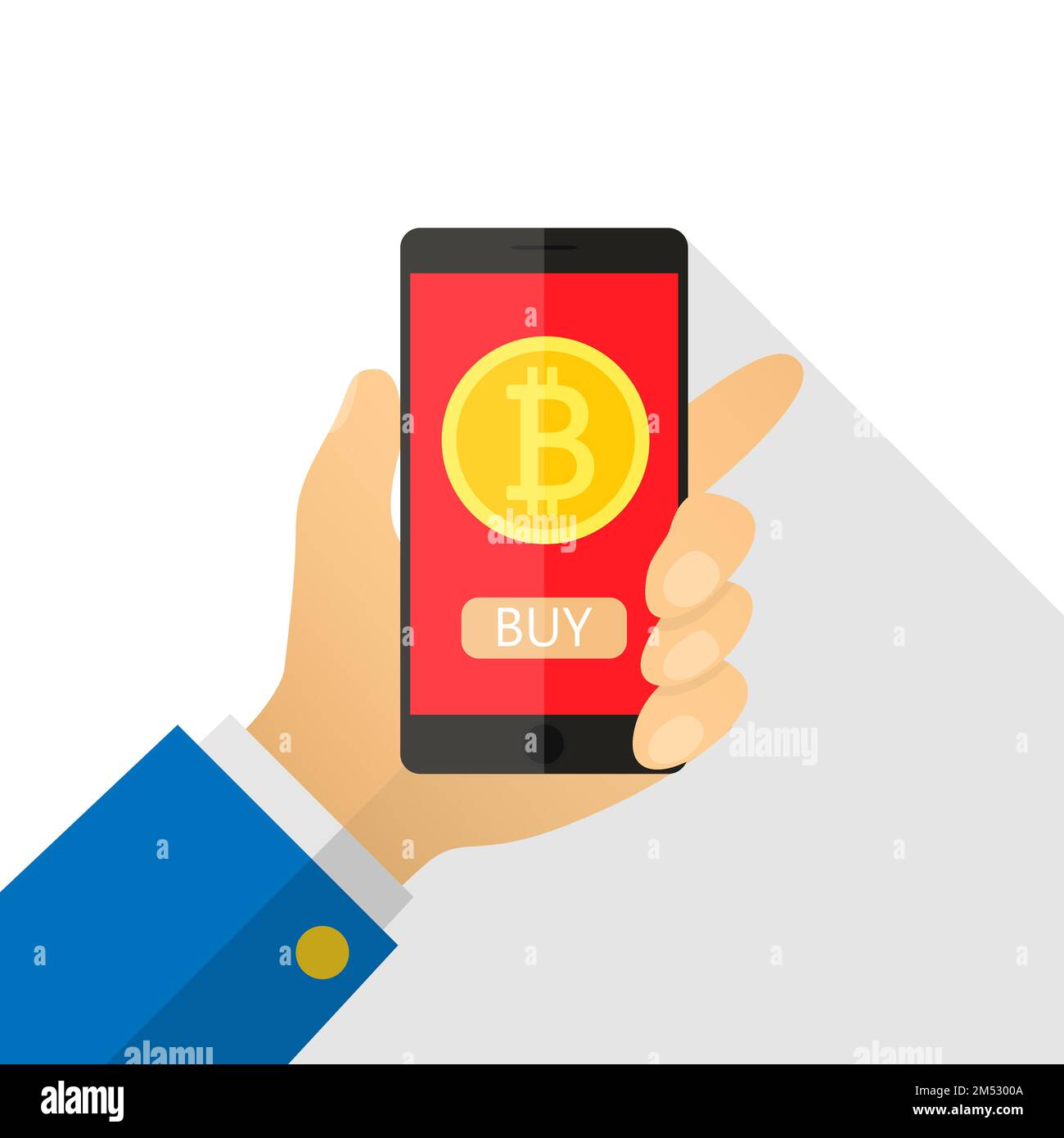 Das Konzept der Abrechnung von Bitcoins im flachen Stil. Bezahlung per Klick auf virtuelle Kryptowährung. Smartphone mit Goldmünze, Handtasche. Vektordarstellung von ca. Stock Vektor