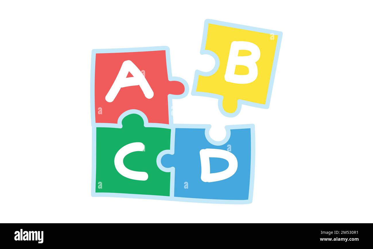 Baby-Puzzle-Clipart. Einfaches, niedliches, farbenfrohes Schaumpuzzle mit Wörtern, ABCD-Flachvektordarstellung. Kinder spielen Spielmatte Buchstaben Puzzle Cartoon-Stil Stock Vektor