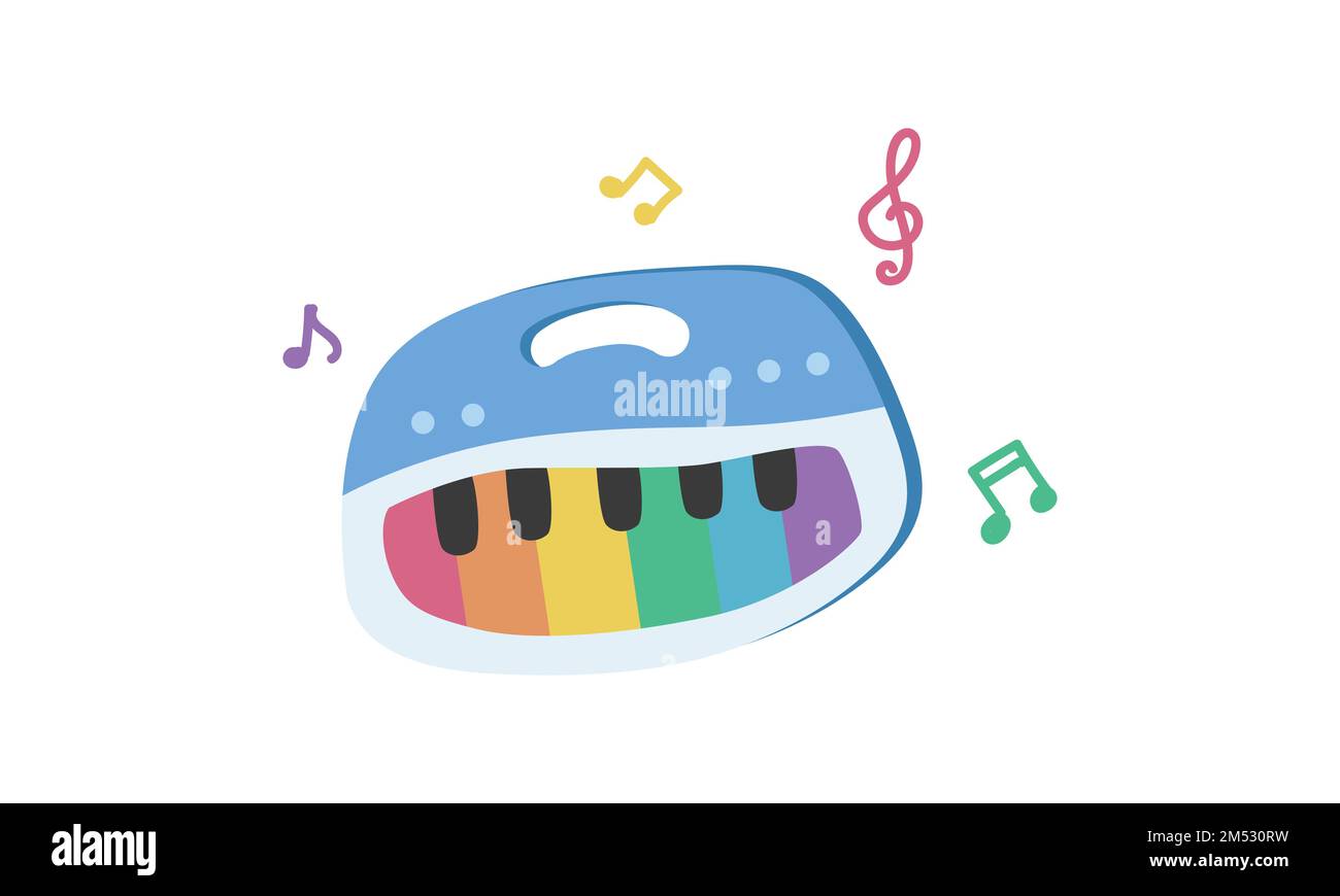 Baby-Klavier-Clipart. Einfaches, niedliches Kinderspielzeugpiano mit farbenfroher flacher Vektordarstellung der Tastatur. Batteriebetriebenes Klavier mit sieben Schlüsseln im Cartoon-Stil Stock Vektor