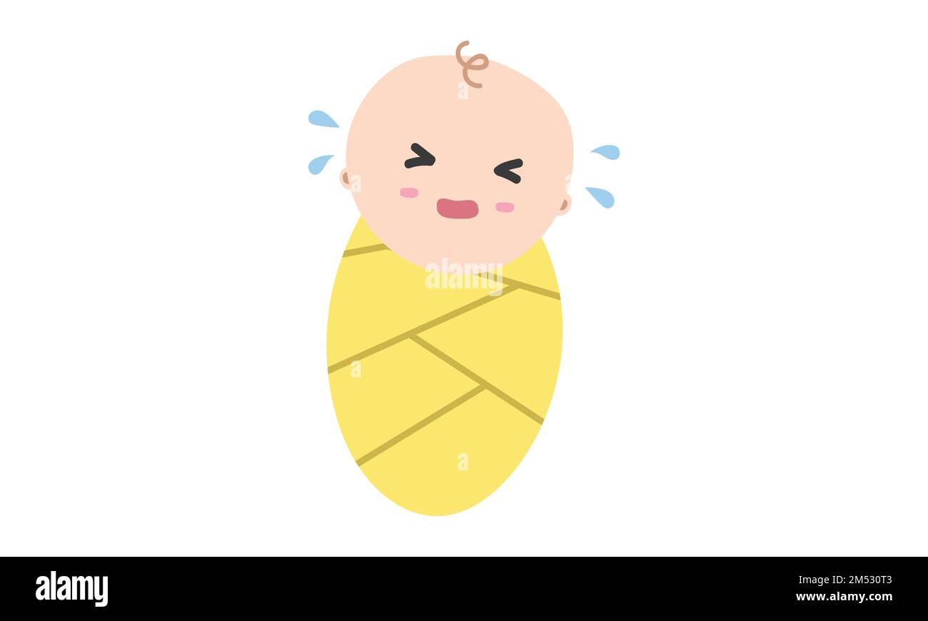 Weinende Baby-Wickelfeder. Ein einfaches süßes, weinendes Baby mit einer gelben Decke und einem flachen Vektorbild. Babyschaukel-Cartoon-Style. Kinder, Baby Stock Vektor
