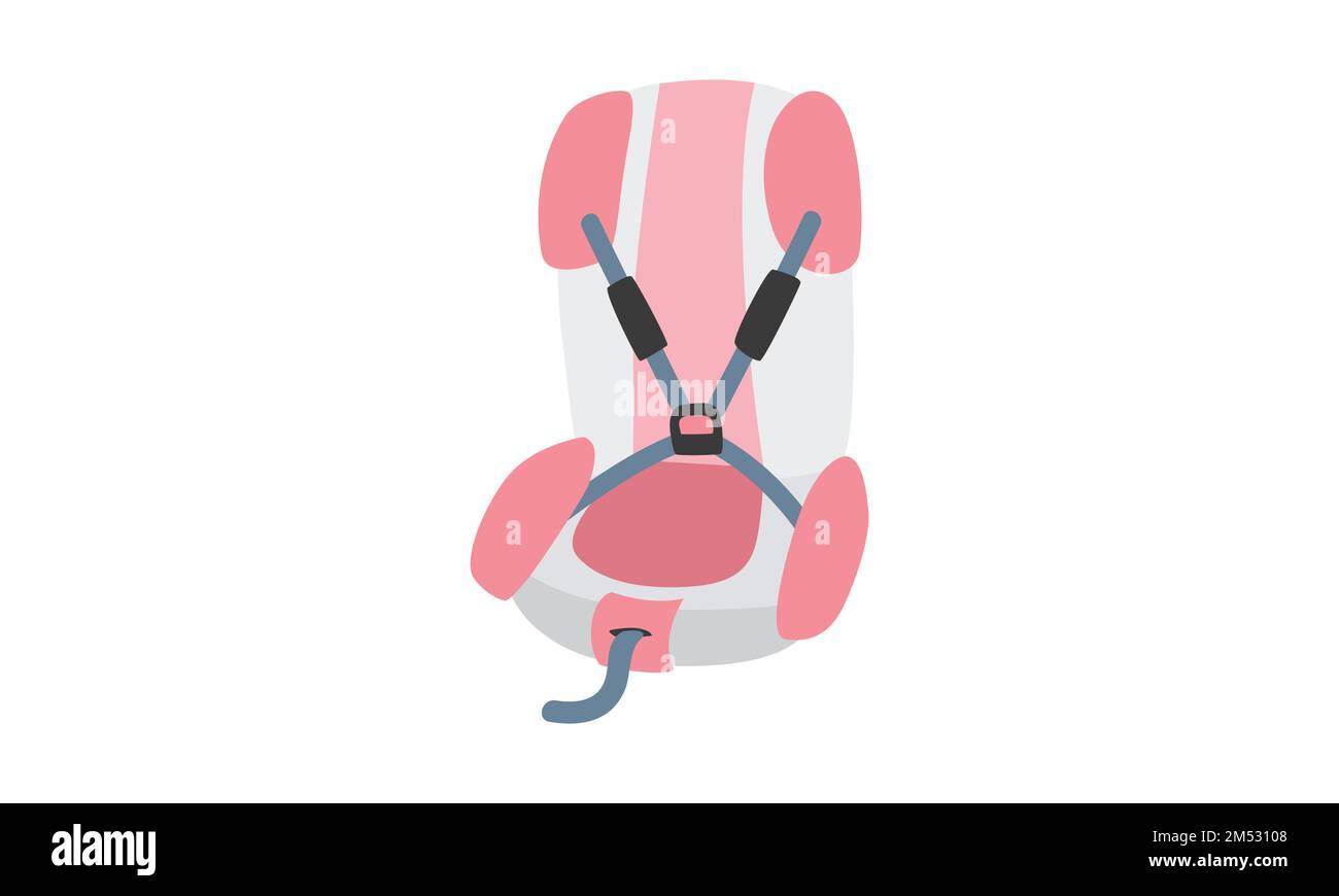 Kindersitz Clipart. Einfache, niedliche Autositze für Babys mit flachem Vektormuster. Roter Sicherheitssitz für Baby im Auto Zeichentrickfilm handgezogenes Doodle Stock Vektor