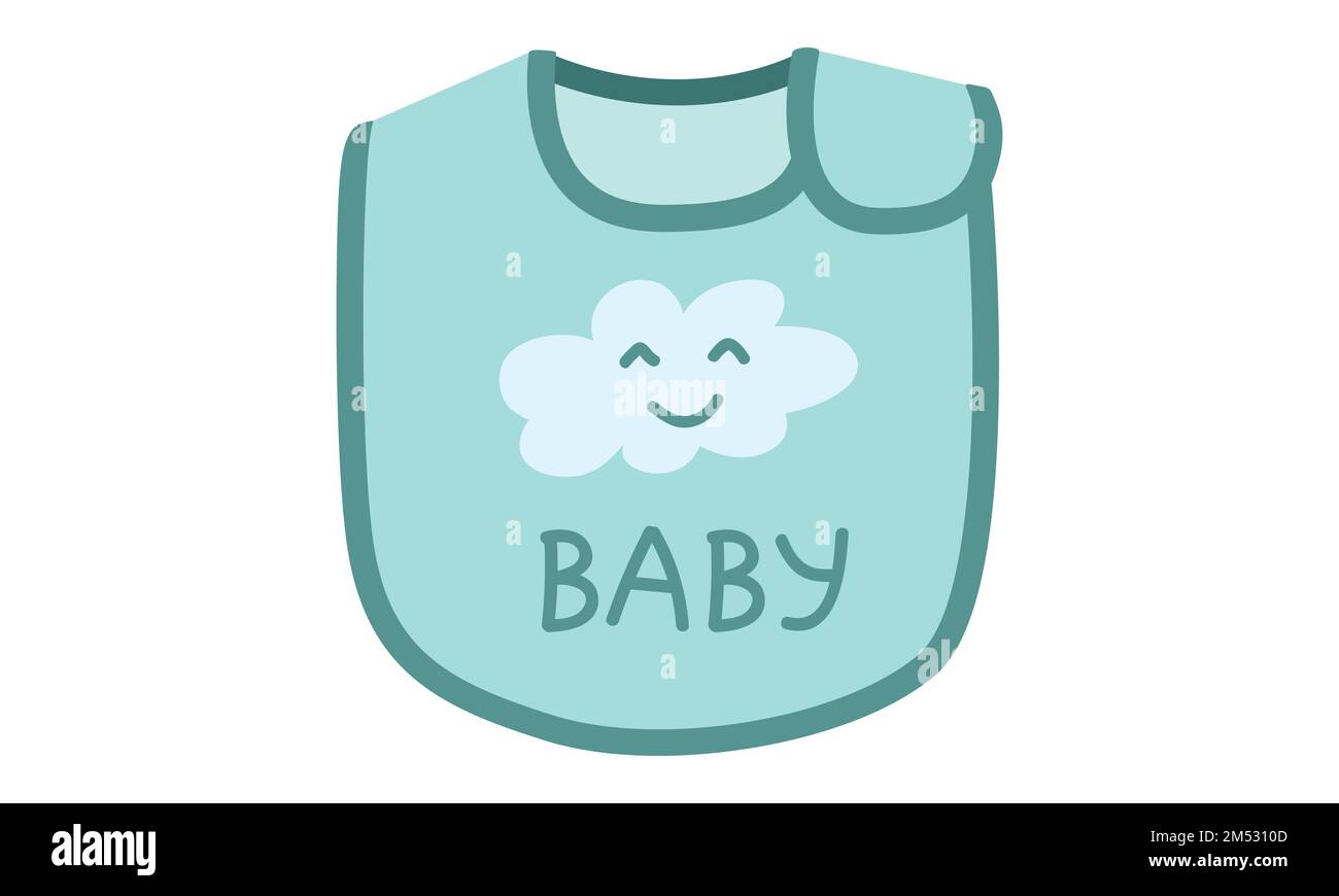 Süßes Baby-Lätzchen-Clipart. Einfaches, niedliches grünes Lätzchen zur Darstellung des flachen Vektors beim Füttern Ihres Babys. Babyschürze oder Lätzchen mit fröhlichem Lächeln, Wolken-Zeichentrickfilm Stock Vektor