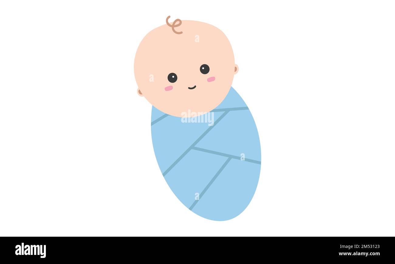 Lächelnde Baby-Wickel-Clipart. Einfache, niedliche Lächelei Baby-Waddel in blauer Wickelform flache Vektordarstellung. Fröhliche Babyschaukel-Trickfilme Stock Vektor