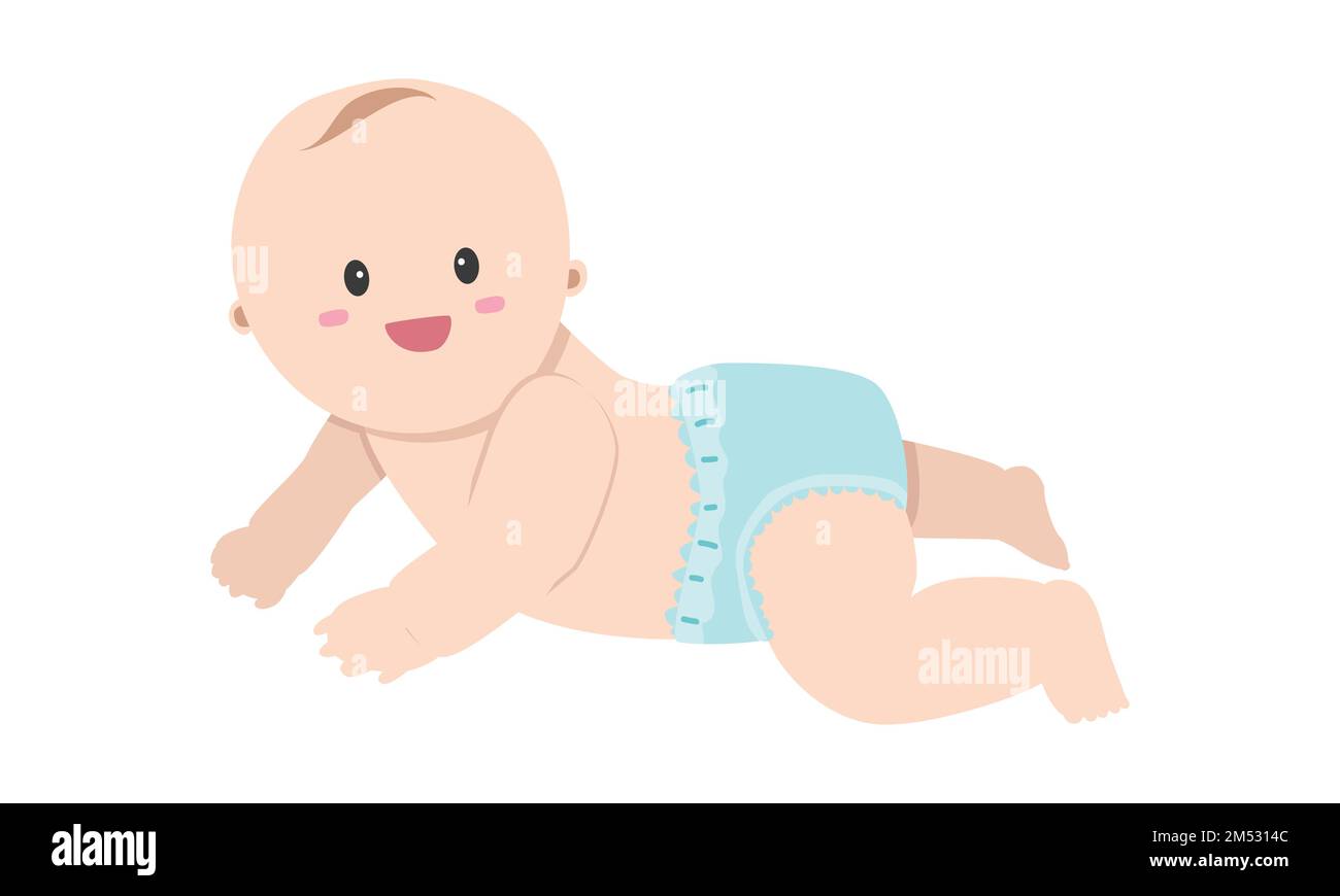 Lächelnde, krabbelnde Baby-Clipart. Einfaches niedliches Lächeln Baby trägt Windel flacher Vektor. Fröhliches Baby, das auf dem Boden krabbelt Stock Vektor