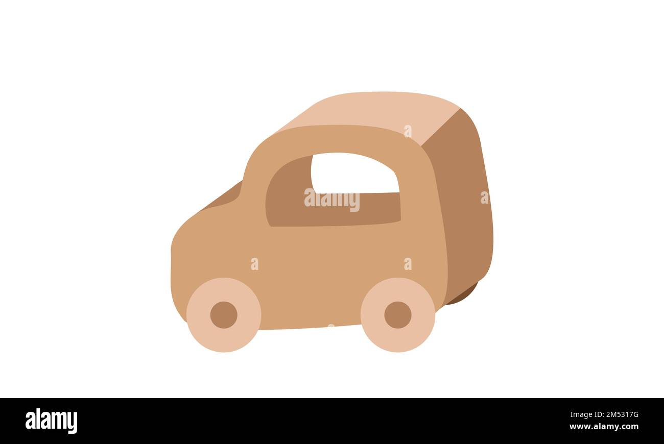 Kinderspielzeugauto-Clipart aus Holz. Niedliches, einfaches, braunes Spielzeug aus Holz für Babys, Kinder und Kinder mit Flachvektorgrafik. Cartoon-Style-Ikone aus Holz für Autospielzeuge Stock Vektor