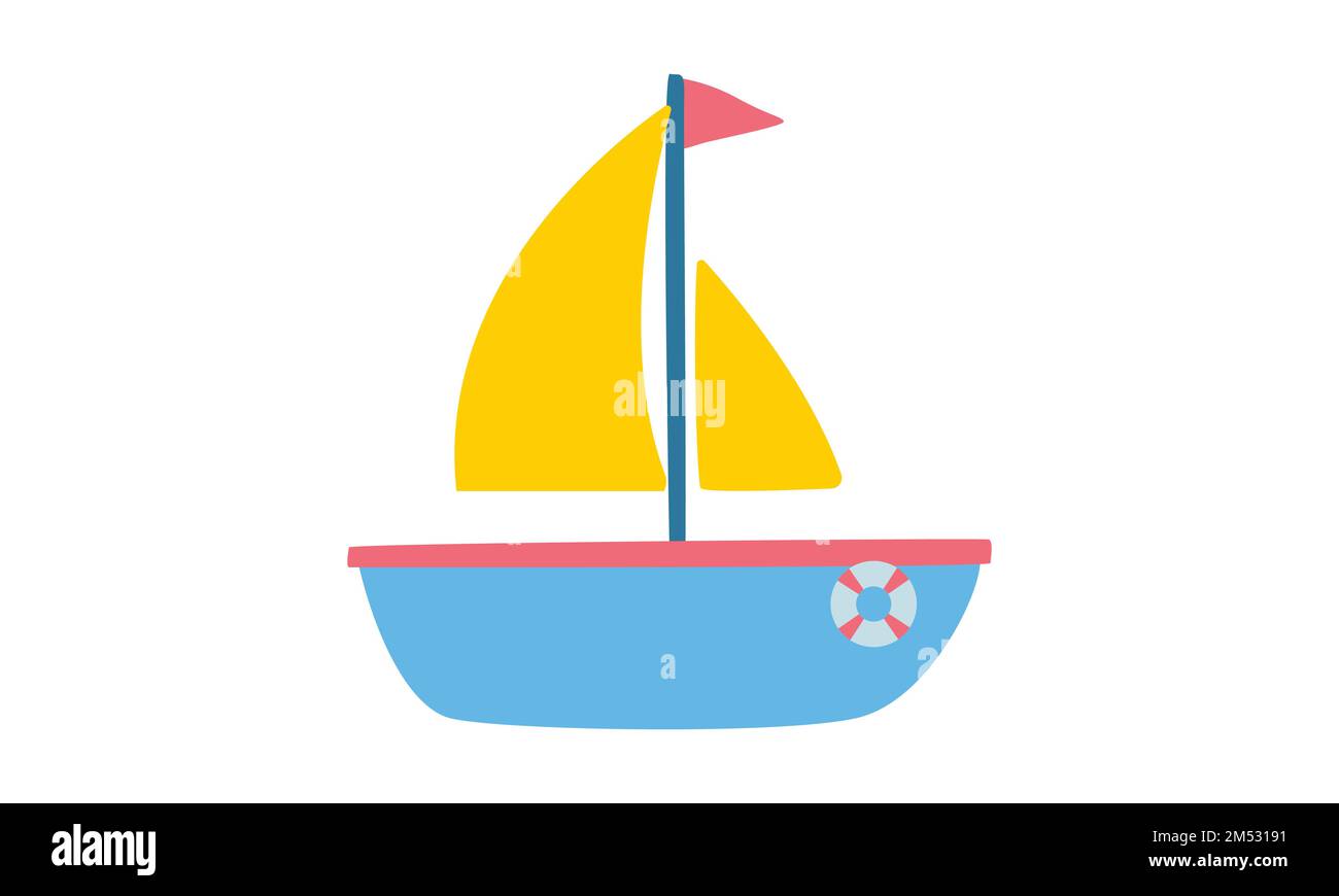 Süßer Cartoon-Segelboot-Clipart. Einfache Segelboot-Flachvektordarstellung. Minimalistisches Boot mit Segel, Flagge und Zeichentrickfilm-Ikone. Babyboot Stock Vektor