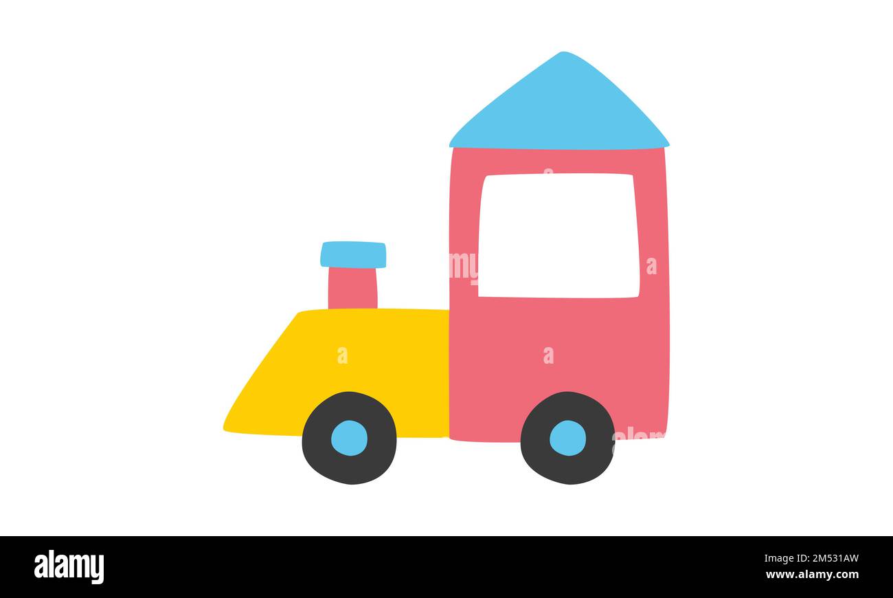 Einfache Baby-Spielzeugzug-Clipart. Niedliche bunte Kinderspielzeugbahn mit flachem Vektorbild. Minimalistischer Trikotstil für Kinder. Babyparty Stock Vektor