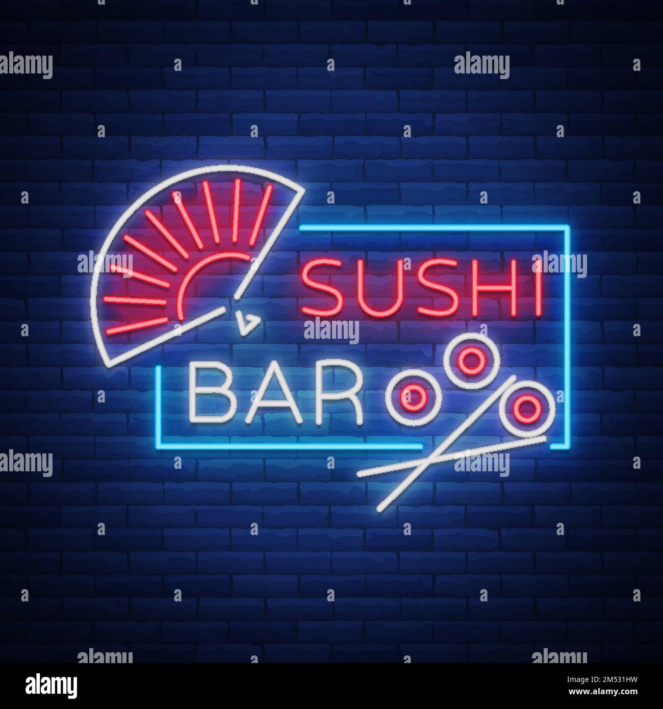 Sushi-Bar mit Neon-Logo, asiatische Fast-Food-Straße in einer Bar oder einem Geschäft, Sushi, Onigiri mit Lachsrolle und Essstäbchen, isoliert. Nacht Sashis br Stock Vektor