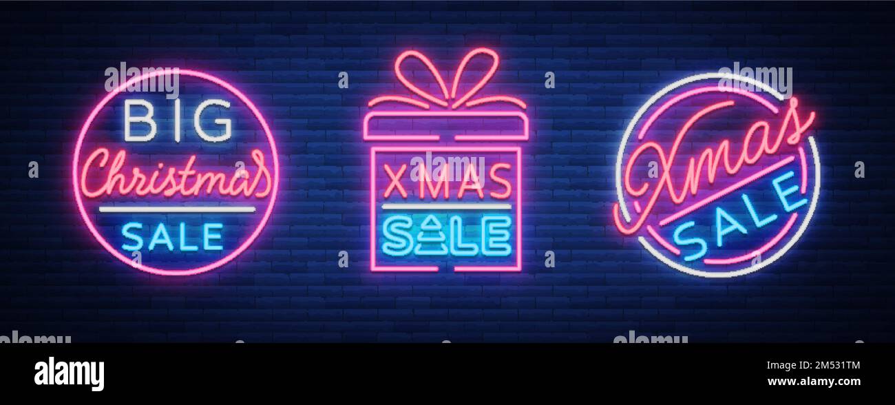 Weihnachtsrabatte, ein Kartenset im Neonstil. Sammlung von Neonschildern, helles Poster, Leuchtende Nachtwerbung für Weihnachtsverkäufe. Vektor Stock Vektor
