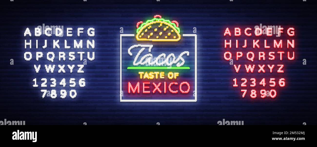 Taco-Logo-Vektor. Neonschild auf mexikanischem Essen, Tacos, Street Food, Fast Food, Snack. Leuchtende Neon-Plakate, jede Nacht leuchtende Tacos, mexikanisches Essen, Stock Vektor
