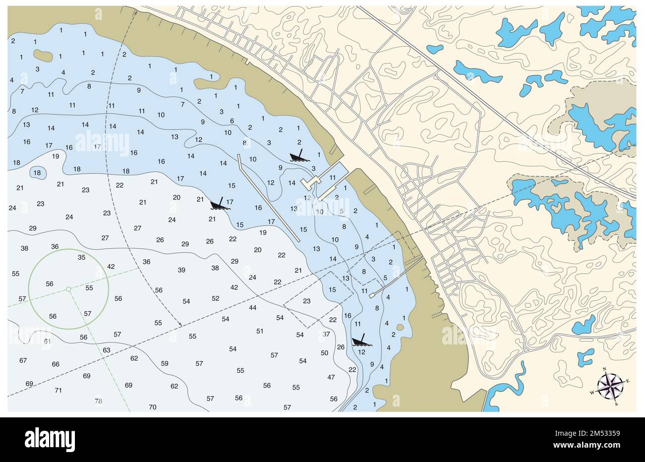 Imaginäre nautische Karte mit illustrierter Darstellung der Küste Stockfoto