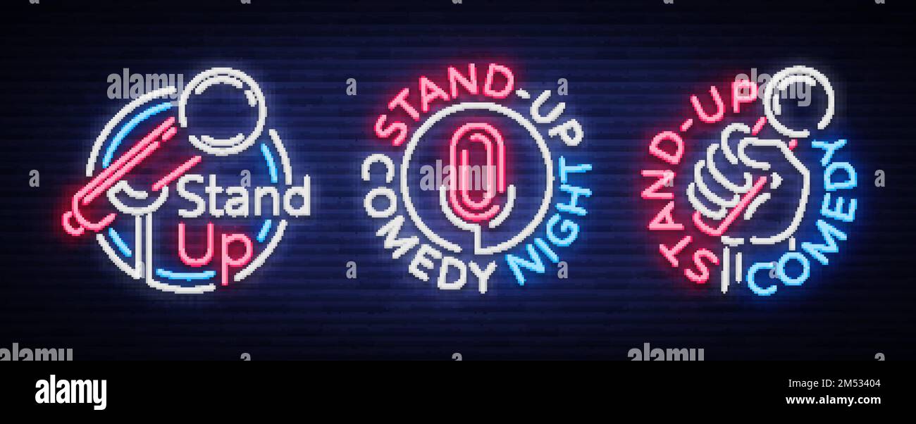 Die Stand Up Comedy Show ist eine Sammlung von Neonschildern. Kollektion von Neonlogos, einem Symbol, einem hellen Banner, einem Neonposter, Bright Night-tim Stock Vektor