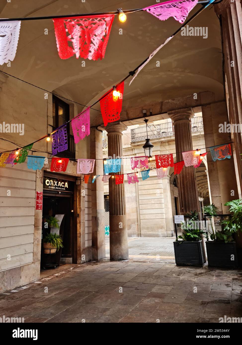 Oaxaca Restaurant. Porxos d'en Guifré, Pla de Palau, Barcelona, Katalonien, Spanien. Stockfoto