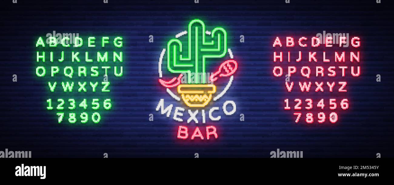 Die mexikanische Bar ist ein Logo im Neonstil. Neonschild, Designvorlage für mexikanisches Essen. Leuchtendes Banner, Nachtleben-Werbung, Neon-Plakatwand. Vektor i Stock Vektor