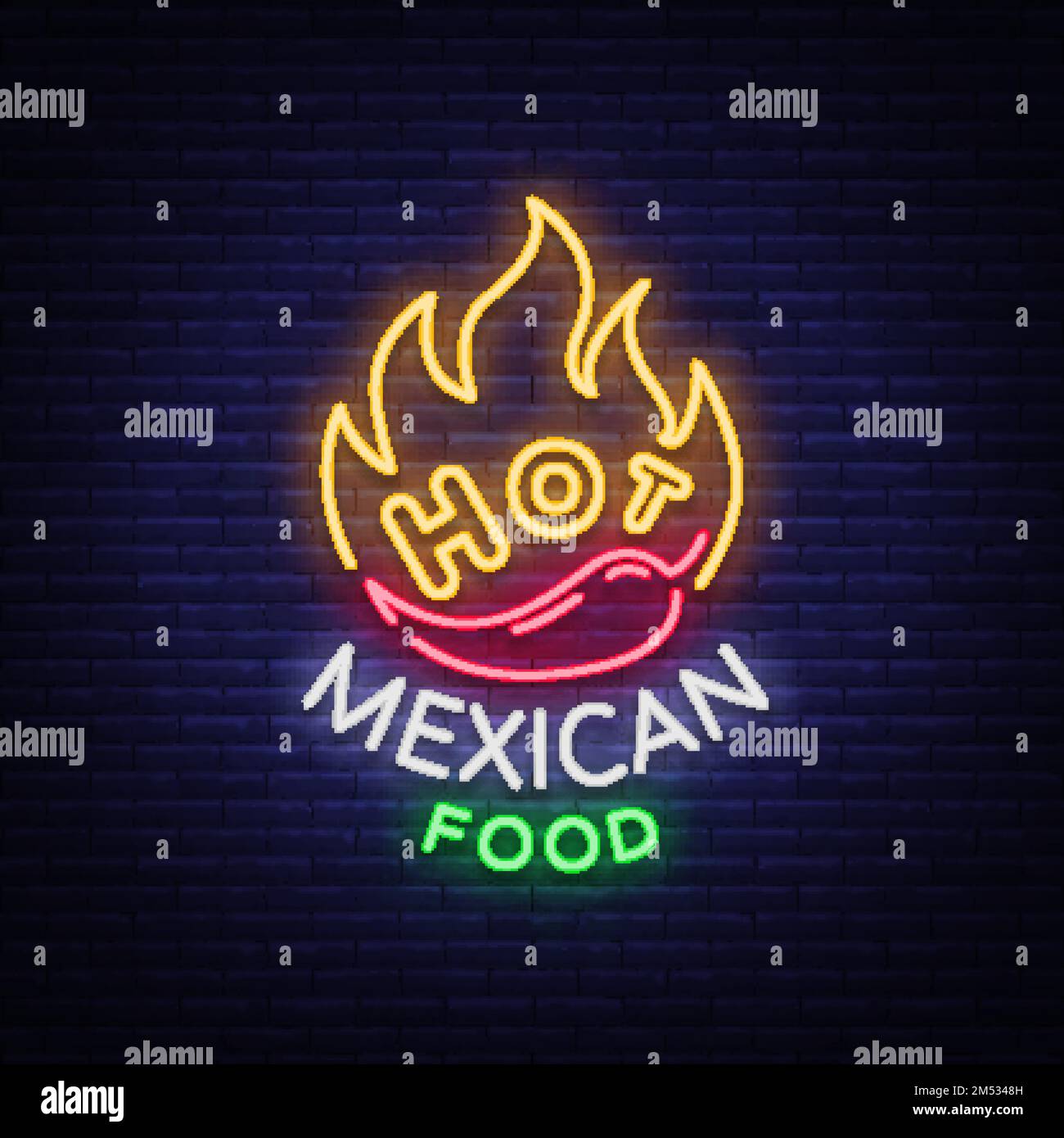 Mexikanisches Logo für warme Speisen im Neonstil. Neonschild, Designvorlage für mexikanisches Restaurant, Café, Bar. Leuchtendes Banner, Nachtleben-Werbung, Neo Stock Vektor