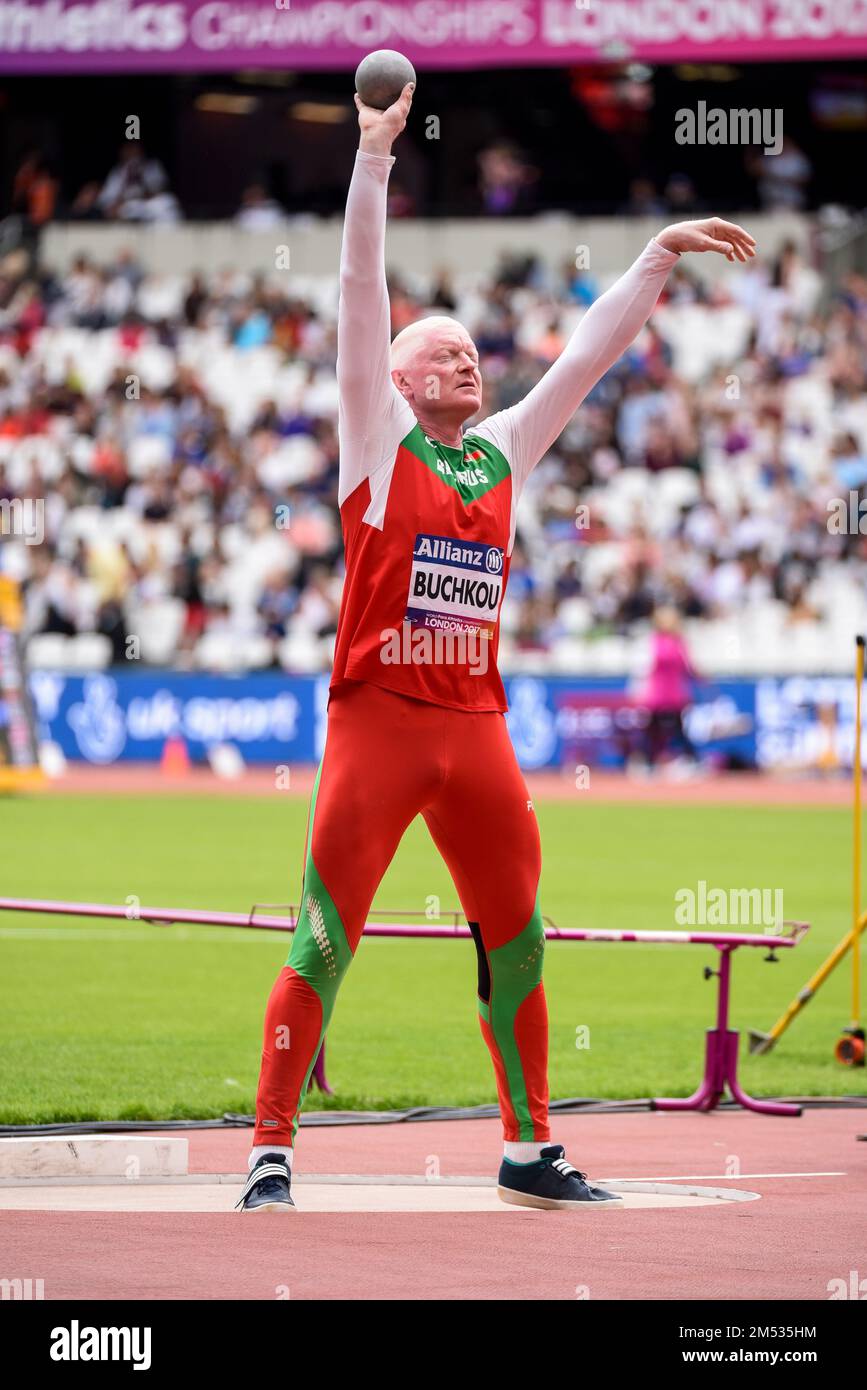 Yury Buchkou, der beim F12-Shot für Herren teilnahm, hat die Para Athletics World Championships 2017 im London Stadium, Großbritannien, gewonnen. Weißrussischer Sportler Stockfoto