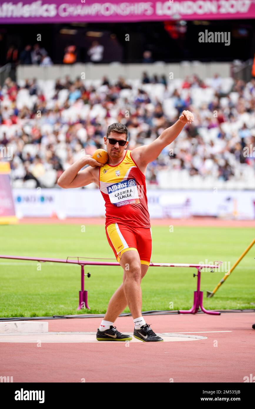 Hector Cabrera Llacer, der beim F12-Shot für Herren teilnimmt, hat die World para Athletics Championships im London Stadium, Großbritannien, gewonnen. Spanischer Para-Athlet Stockfoto
