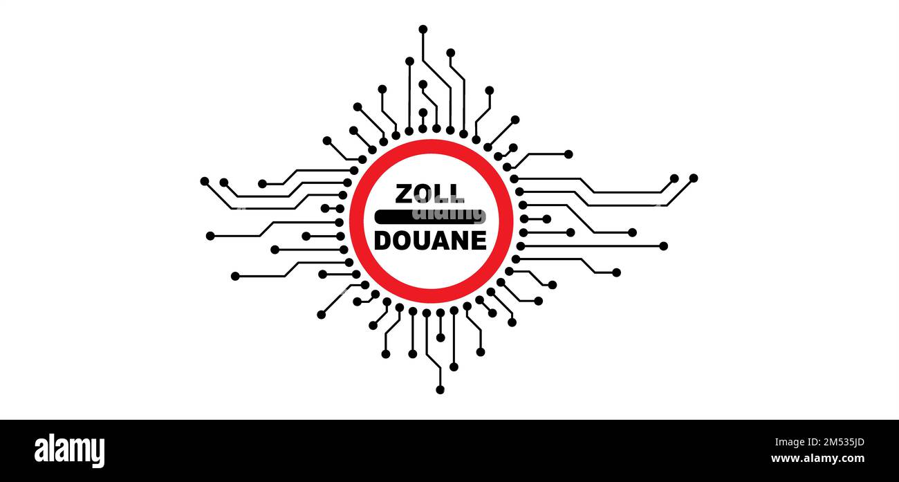 Cartoon Stop, zoll Douane Schild. Konzept der Grenz- und Zollkontrolle. Zollstelle. Leiterplatte oder elektronische Hauptplatine. Linien und Punkte CO Stockfoto