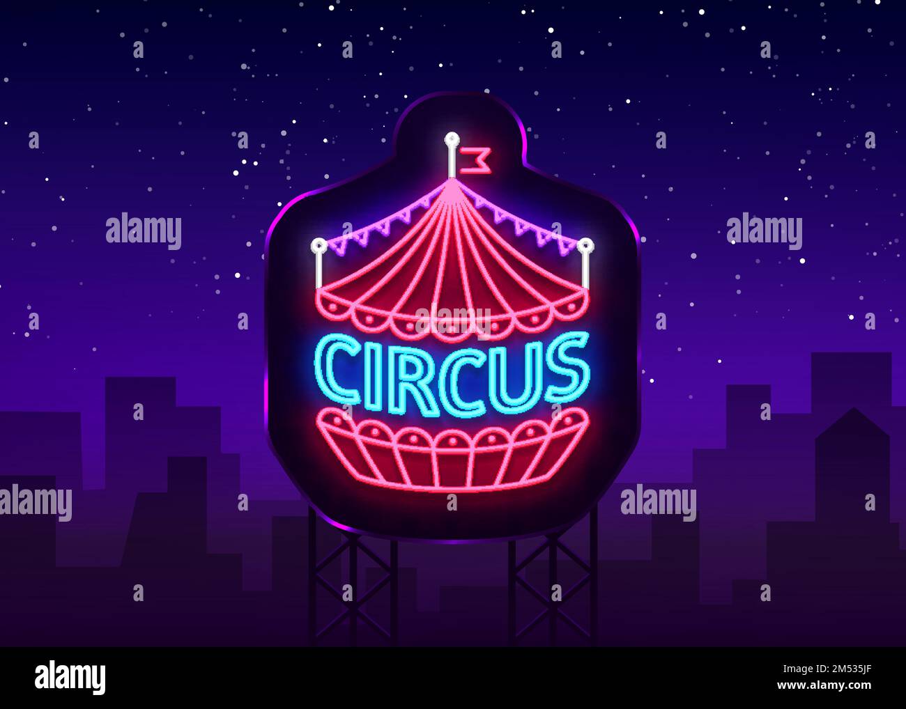 Zirkus-Neon-Zeichen. Designvorlage, Logo im Neonstil, Zirkuszelt-Symbol, Neonbanner, helle Zirkusshow am Abend, Zaubershow, Designelement. Vektor Stock Vektor