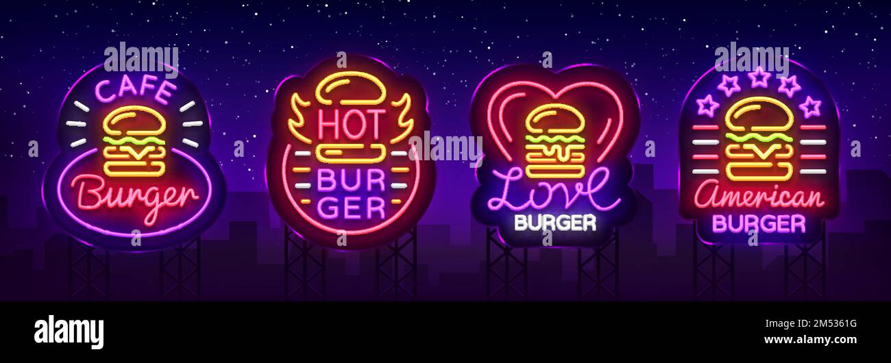 Burger Cafe mit Neonschildern. Fastfood Burger Sandwich-Kollektion Logos im Neonstil, Banner, Designvorlage, Nachtwerbung für Restaurants, Resturur Stock Vektor