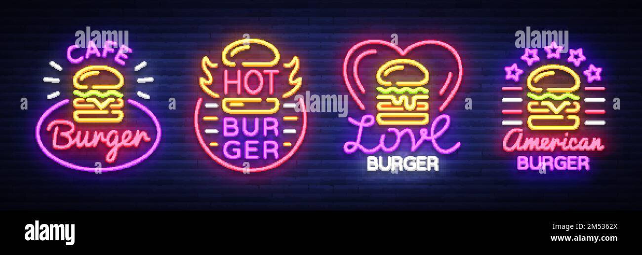 Burger Cafe mit Neonschildern. Fastfood Burger Sandwich-Kollektion Logos im Neonstil, Banner, Designvorlage, Nachtwerbung für Restaurants, Resturur Stock Vektor