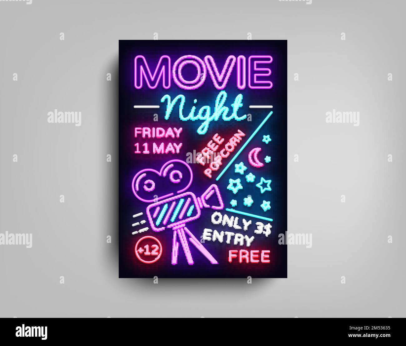 Movie-Night-Poster-Design-Vorlage im Neon-Stil. Neonschild, Lichtbanner, Bright Light Flyer, Design-Postkarte, Werbebroschüre, Neon Night Cinem Stock Vektor