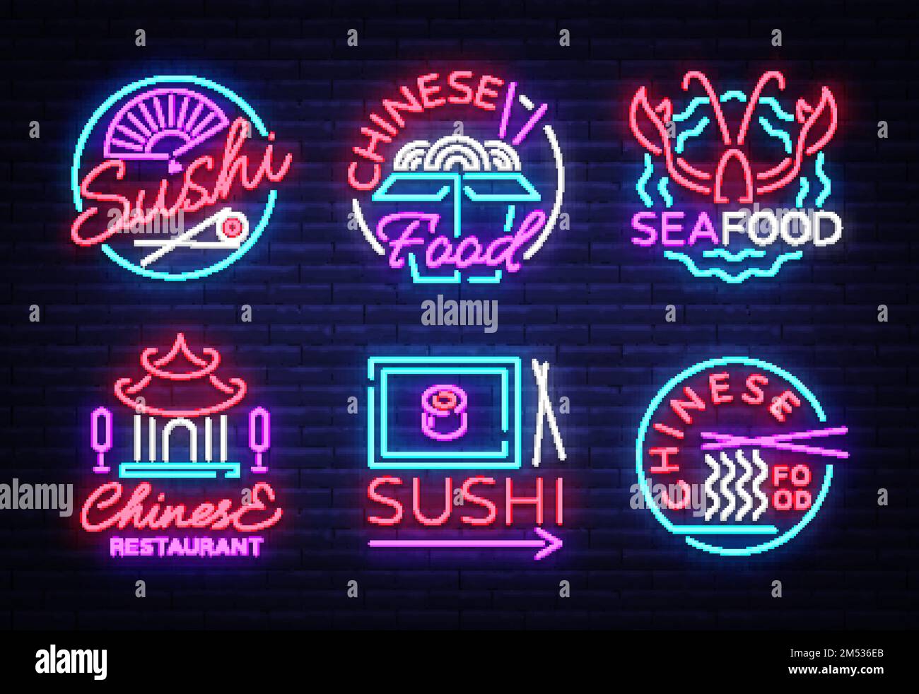 Kollektion Neon Signs Food. Logos im Neon-Stil Sushi, Fisch und Meeresfrüchte, Hummer, chinesische Speisen, Lichtzeichen, Nachtneonwerbung für Restaurant, Snack Stock Vektor