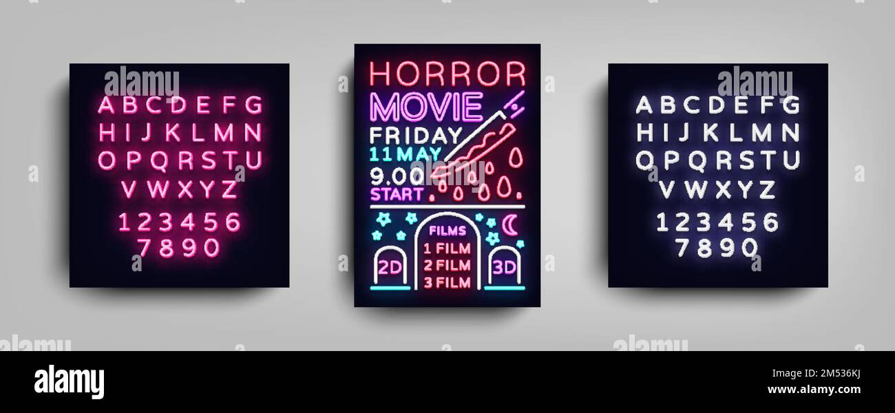 Horrorfilm Postkartentypografie Design Neon Vorlage. Neon im Prospektstil, Neonschild, Poster, Bannerlicht, Nachtwerbung in Filmen, Kino Stock Vektor