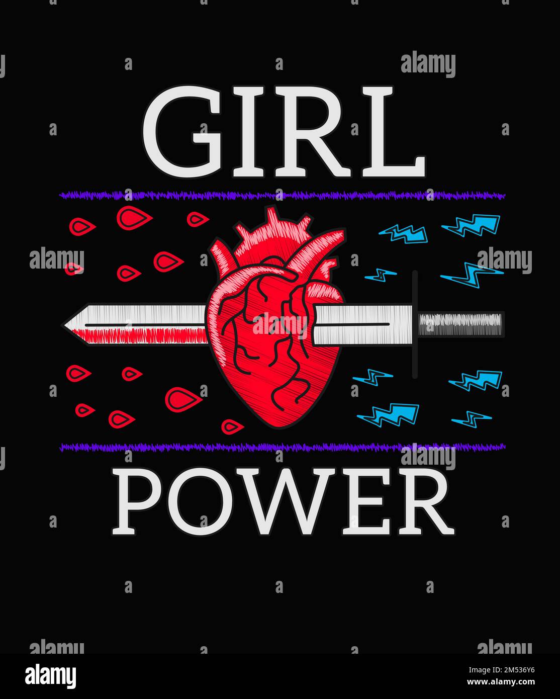 Girl Power – feministischer Slogan, Stickerei mit Rock-Muster für T-Shirt, Modeaufnäher oder Abzeichen. Stickerei für Rock Girl Gang. Das Schwert durchbohrt das Herz. Anschlussstift o Stock Vektor