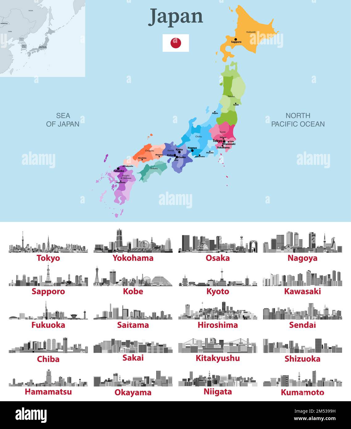 Karte Japans mit den wichtigsten Städten. Illustrationen der japanischen Skylines in Schwarz und Weiß. Vektorsatz Stock Vektor
