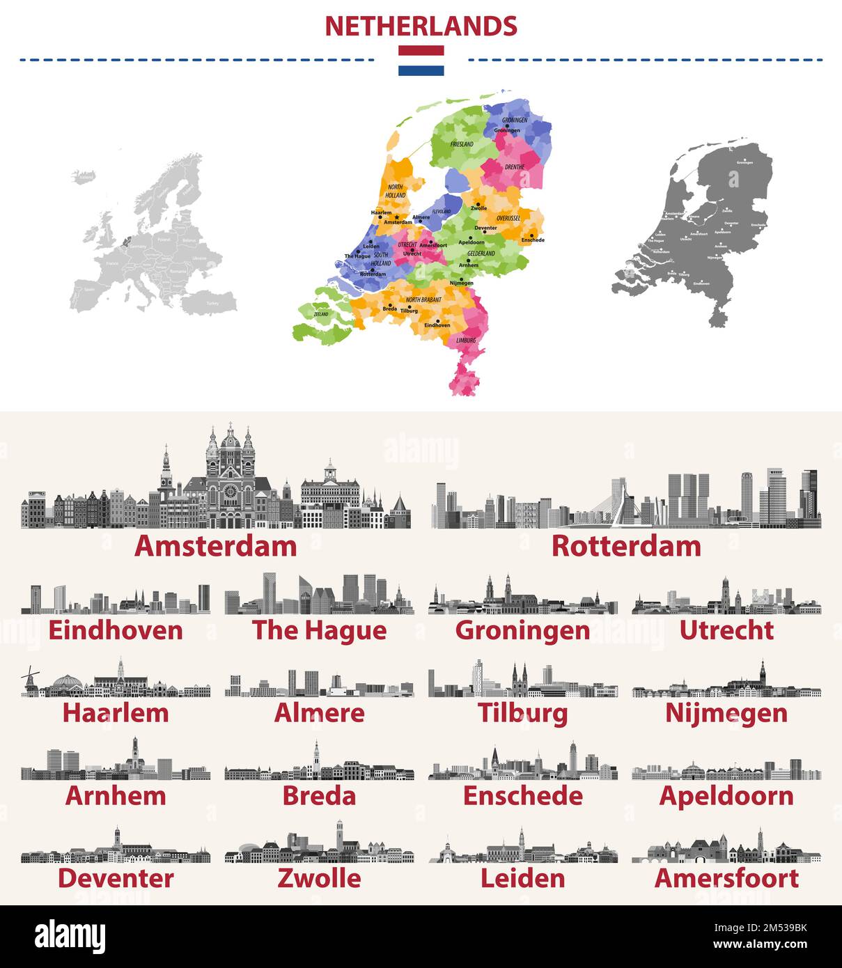 Niederländische Karte mit den wichtigsten Städten. Illustration der holländischen Skylines in Schwarz und Weiß. Vektorsatz Stock Vektor