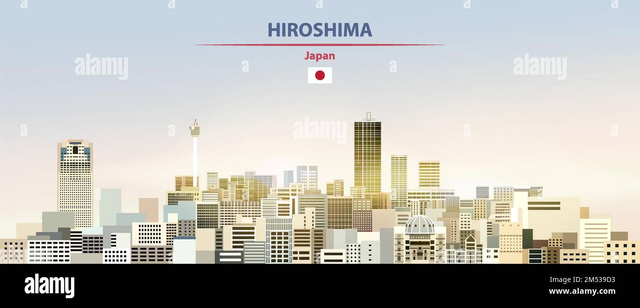 Hiroshima-Stadtbild mit Sonnenaufgang am Himmel und hellem Sonnenschein. Vektordarstellung Stock Vektor