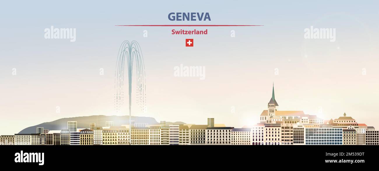 Genfer Stadtlandschaft mit Sonnenaufgang am Himmel und hellem Sonnenschein. Vektordarstellung Stock Vektor