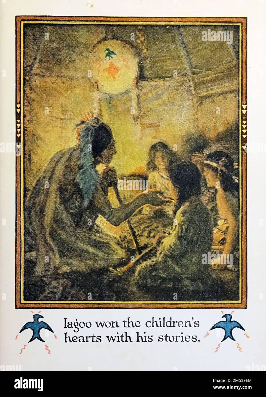 Iagoo gewann die Herzen der Kinder mit seinen Geschichten illustriert von John Rae aus dem Buch " American Indian Märchen " von William Trowbridge Larned, Publikationsdatum 1921 Publisher New York, P. F. Volland Stockfoto