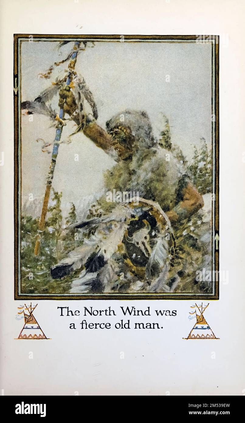 Der North Wirnd war ein wilder alter Mann, illustriert von John Rae aus dem Buch " American Indian Märchen " von William Trowbridge Larned, Publikationsdatum 1921 Publisher New York, P. F. Volland Stockfoto