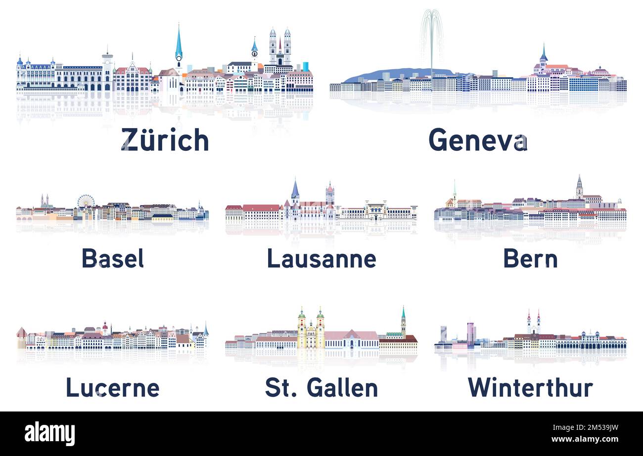 Die Skylines der Schweizer Städte in sanften, kalten Farbtönen Vektorset. Kristall-Ästhetik Stock Vektor