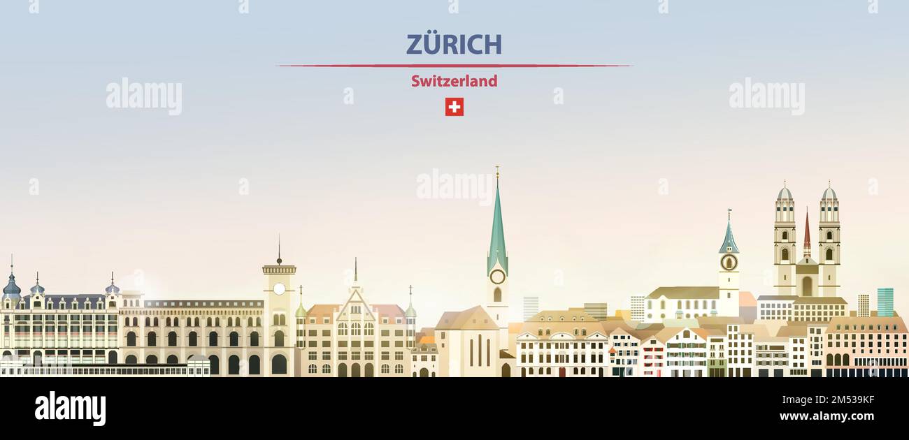 Züricher Stadtlandschaft mit Sonnenaufgang und hellem Sonnenschein. Vektordarstellung Stock Vektor