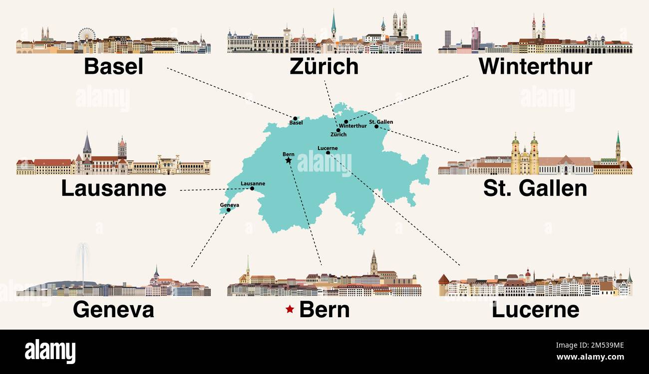 Karte der Schweiz mit den Skylines der wichtigsten Städte. Vektordarstellung Stock Vektor