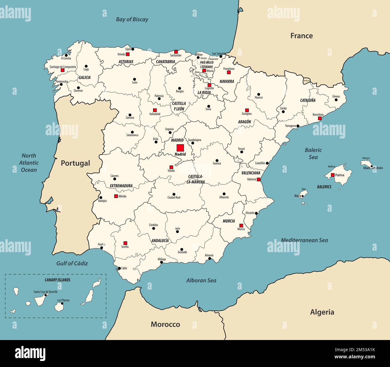 Karte Spaniens mit den Nachbarländern. Vektordarstellung Stock Vektor