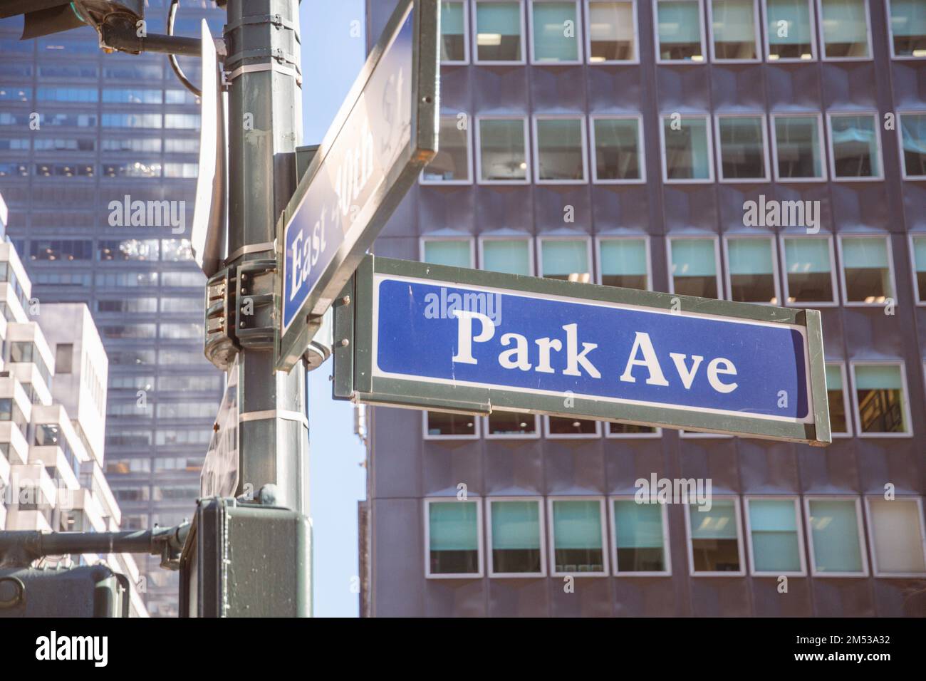 Weltberühmter Park Ave Straßenschild auf dem Gebäudeintergrund, Kopie Raumbild Stockfoto