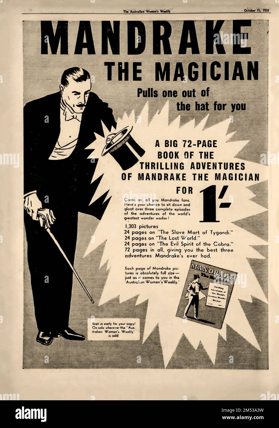 1938-Werbeanzeige für Mandrake den Magier von der Australian Women's Weekly. Der gefeierte amerikanische Magier LEON MANDRAKE (geboren 1911-1993 Leon Giglio ) war ein italienisch-amerikanischer Magier, Mentalist, Illusionist, Eskapologe, Bauchredner und Stuntdarsteller, weltweit bekannt als Mandrake der Magier. Stockfoto