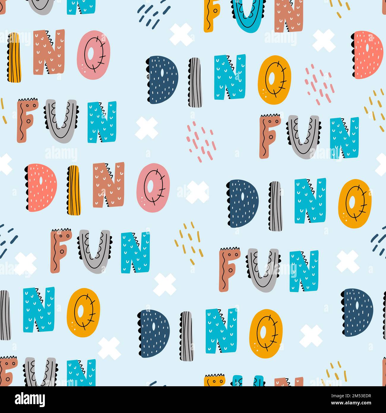 Babymuster mit Phrase - Dino-Spaß. Von Hand gezeichnetes, farbiges, sich wiederholendes Muster mit süßen Buchstaben im skandinavischen Stil. Stock Vektor