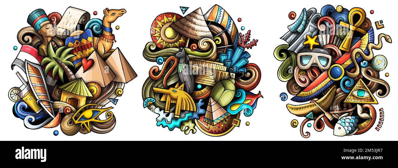 Ägyptischer Cartoon-Vektor-Doodle-Design-Set. Farbenfrohe, detaillierte Kompositionen mit vielen ägyptischen Objekten und Symbolen. Isoliert auf weißen Illustrationen Stock Vektor