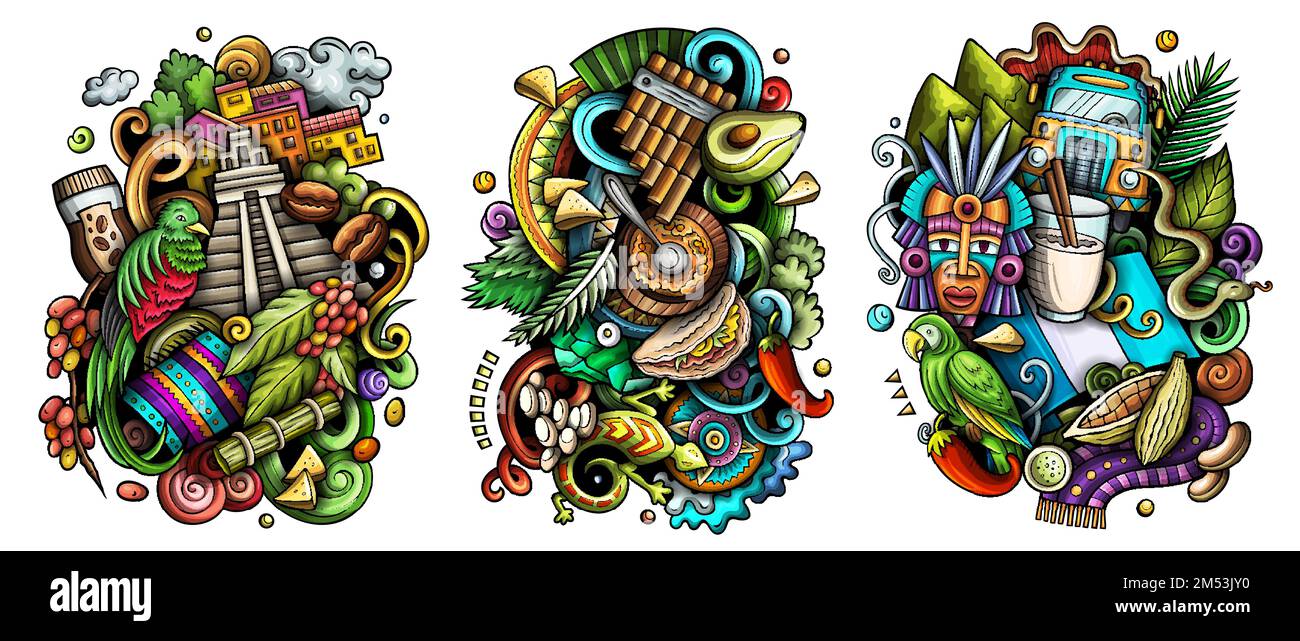 Guatemala Cartoon-Vektor-Doodle-Design-Set. Farbenfrohe, detaillierte Kompositionen mit vielen karibischen Objekten und Symbolen. Isoliert auf weißen Illustrationen Stock Vektor