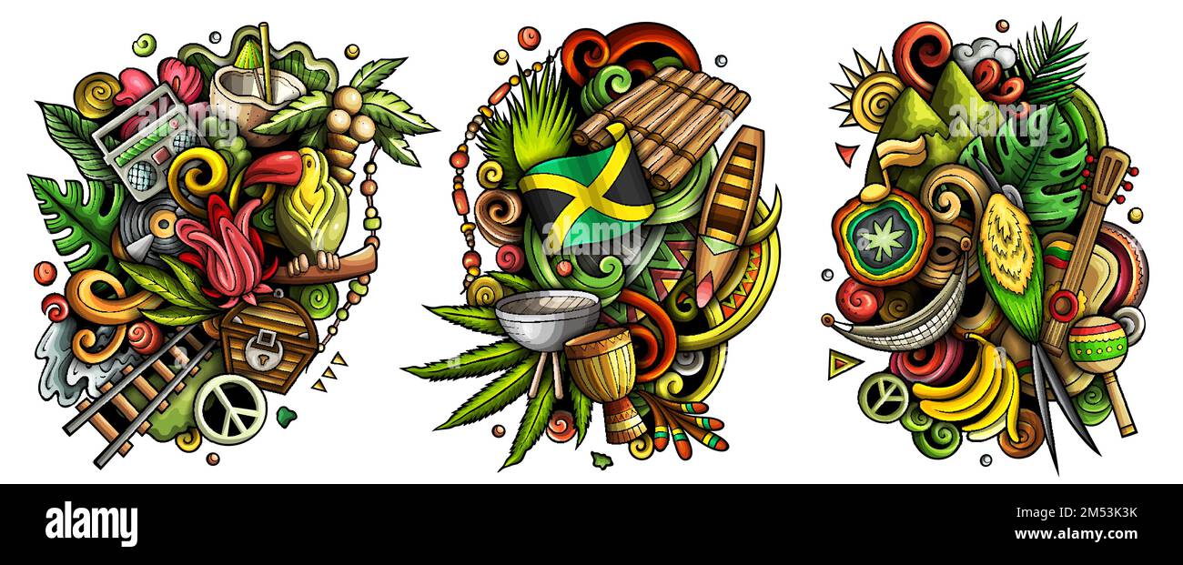 Jamaika Cartoon-Vektor-Doodle-Design-Set. Stock Vektor