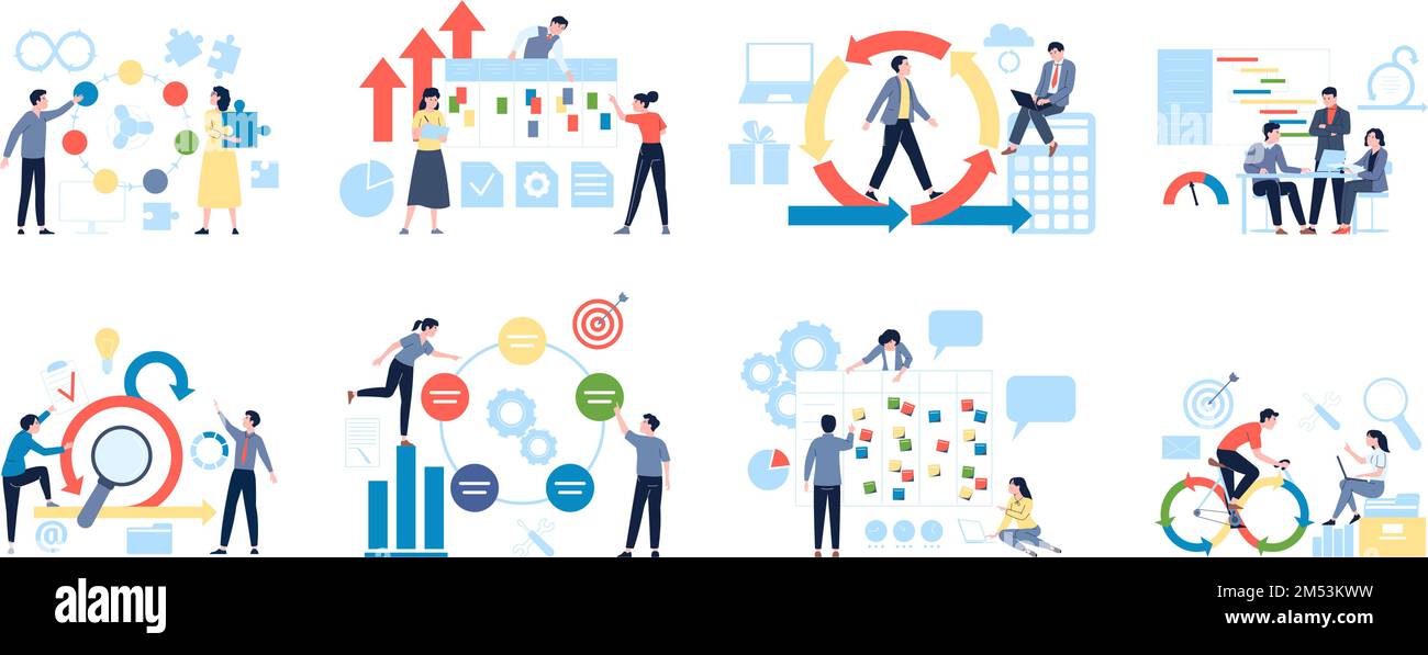 Agiler Projektmanagementprozess, Produktentwicklung und Deadline. Scrum-Methode an Bord, Zeitmanager und Planung, aktuelle Vektorszenen Stock Vektor