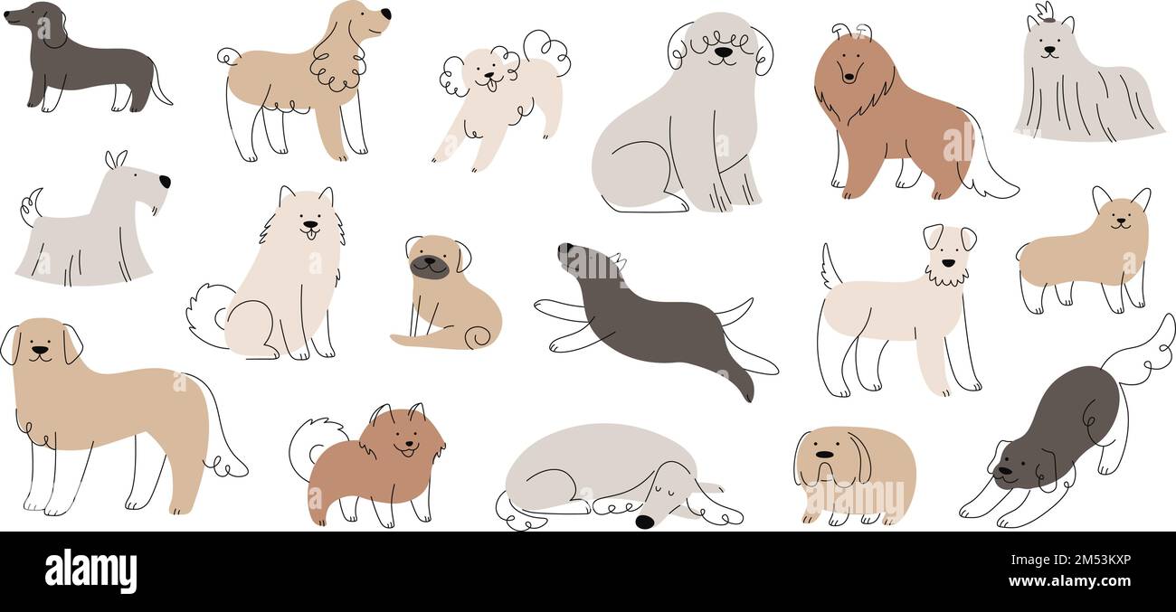 Cartoon-Sammlung mit hübschen Hunden. Hundeschicke Porträts, lustiges Hündchenspiel. Isolierte lustige Tiere. Reizmode verschiedene Rassen Vektorset Stock Vektor
